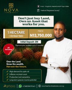 Nova Palm City oil palm investment estate in Abeokuta Ogun State offering farmland for sale with Freehold title and long-term passive income opportunities.