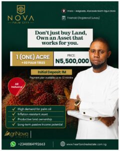 Nova Palm City oil palm investment estate in Abeokuta Ogun State offering farmland for sale with Freehold title and long-term passive income opportunities.